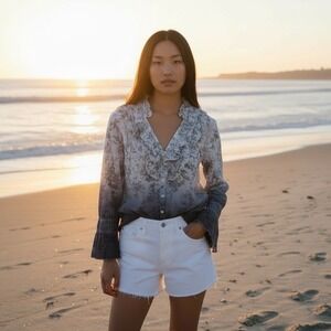 Ruffled Ombre Floral V-Neck Blouse - Navy Ombre